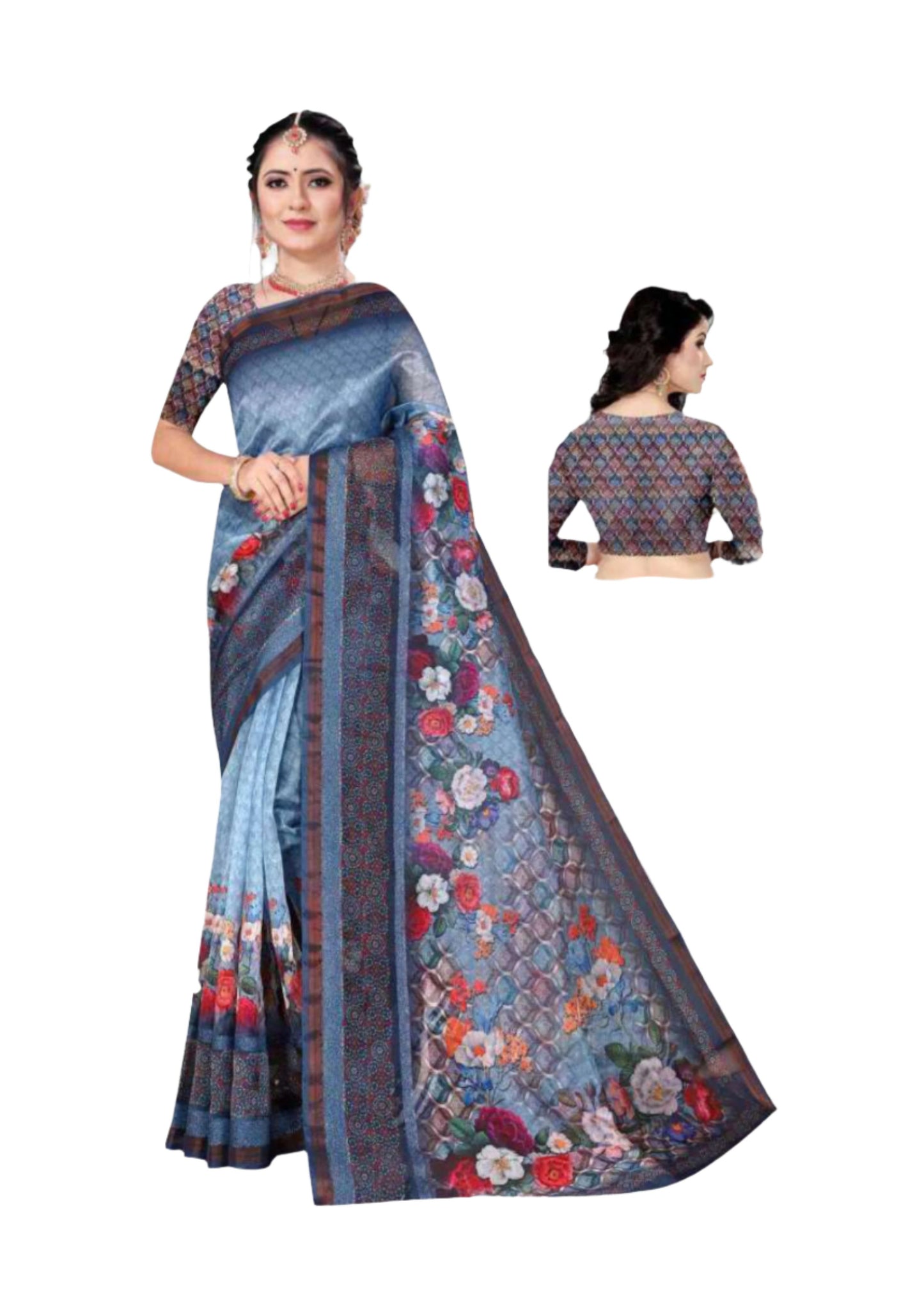 Elegant Floral Printed Linen Cotton Saree