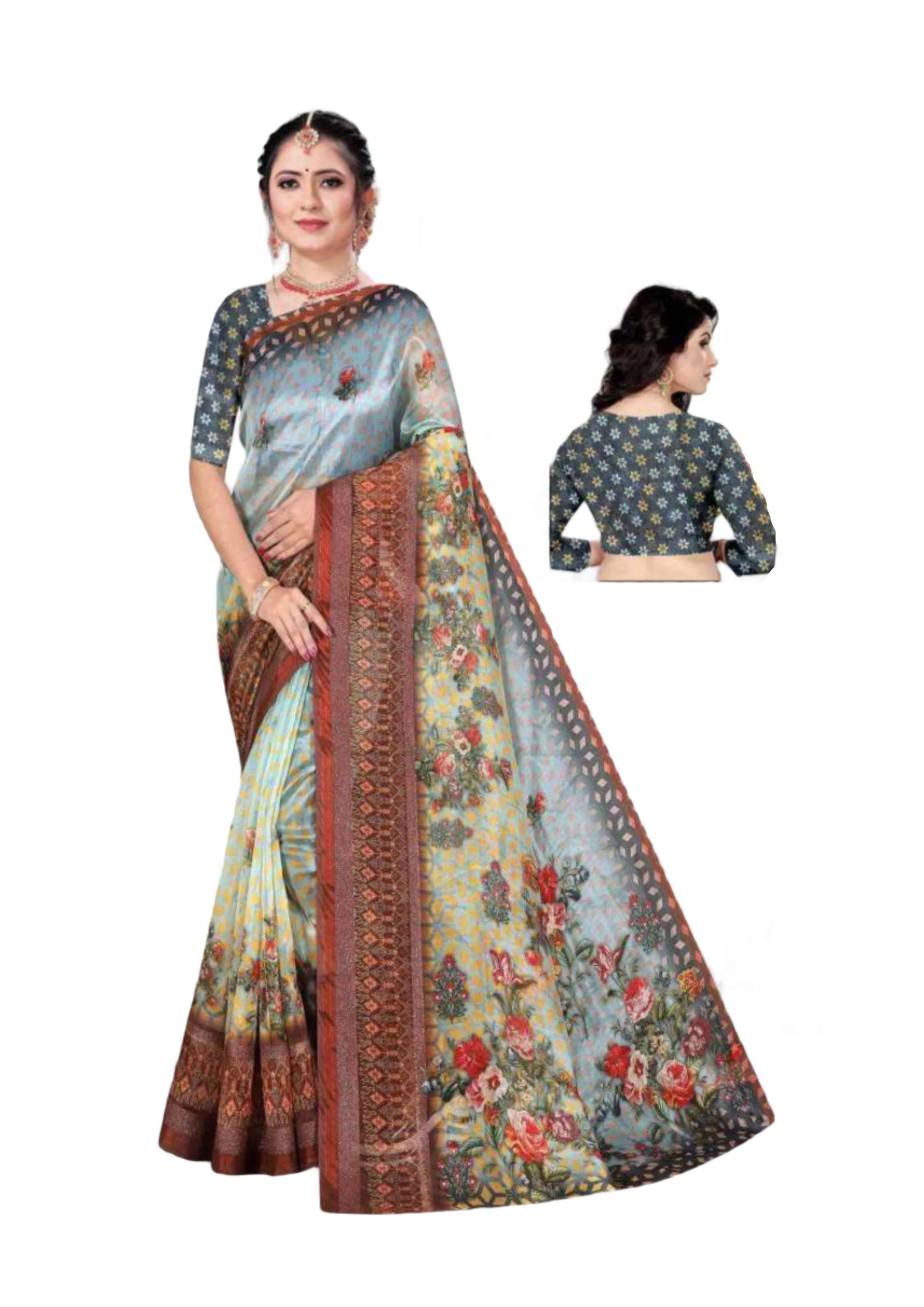 Elegant Floral Printed Linen Cotton Saree