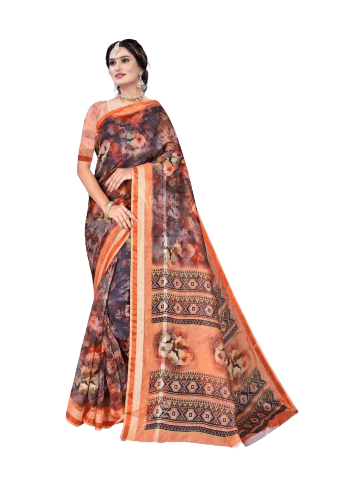 Elegant Floral Printed Linen Cotton Saree