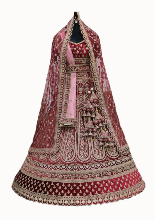 Rich Velvet Bridal Lehenga Choli with Intricate Zari Embroidery