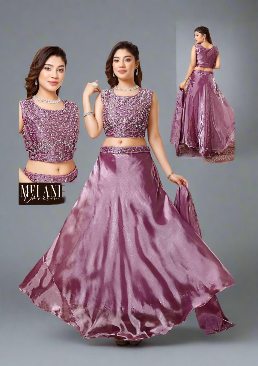 Lavender Satin Girl's Lehenga Choli with Intricate Embellishments